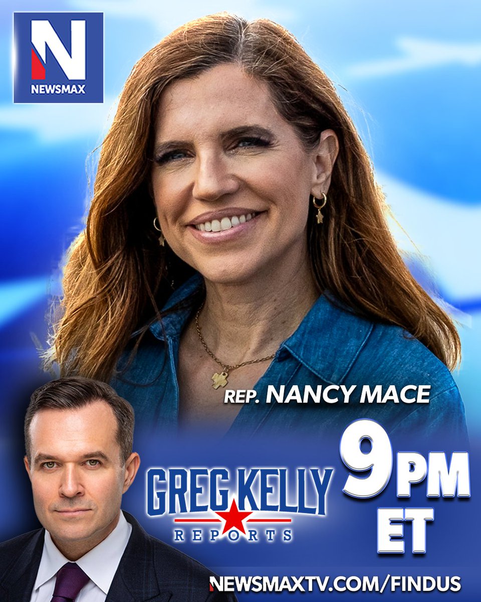 NEWSMAX's tweet image. TONIGHT: Rep. Nancy Mace will join "Greg Kelly Reports" to discuss her legislative battle to keep biological males out of women's restrooms in Congress and beyond — 9PM ET on NEWSMAX.

WATCH: newsmaxtv.com/findus @NancyMace