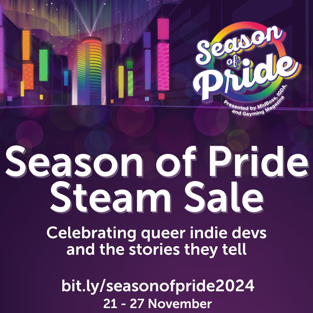 This year's Season of Pride Steam Sale kicks off tomorrow!  Explore 100s of queer games by amazing developers at bit.ly/seasonofpride2…. 

Presented by <a href="/MidBoss/">MidBoss</a>, <a href="/IGDA/">International Game Developers Association</a> and Gayming Magazine