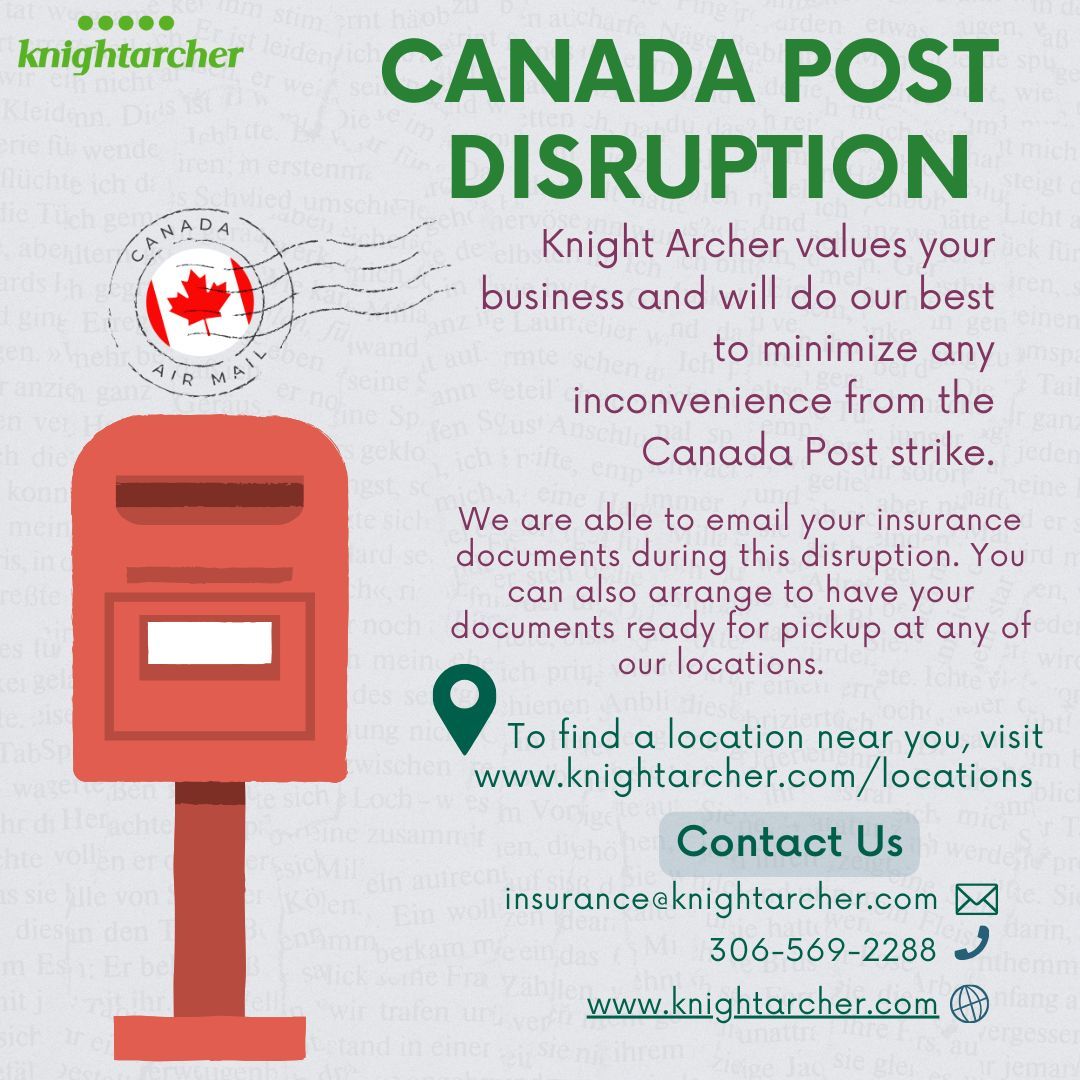 Canada Post is facing a mail service disruption, affecting deliveries nationwide. 📬 If you need your insurance documents we can email them or prepare them for you to pick up from our offices.📧 a list of our locations across the prairies can be found here 🗺️