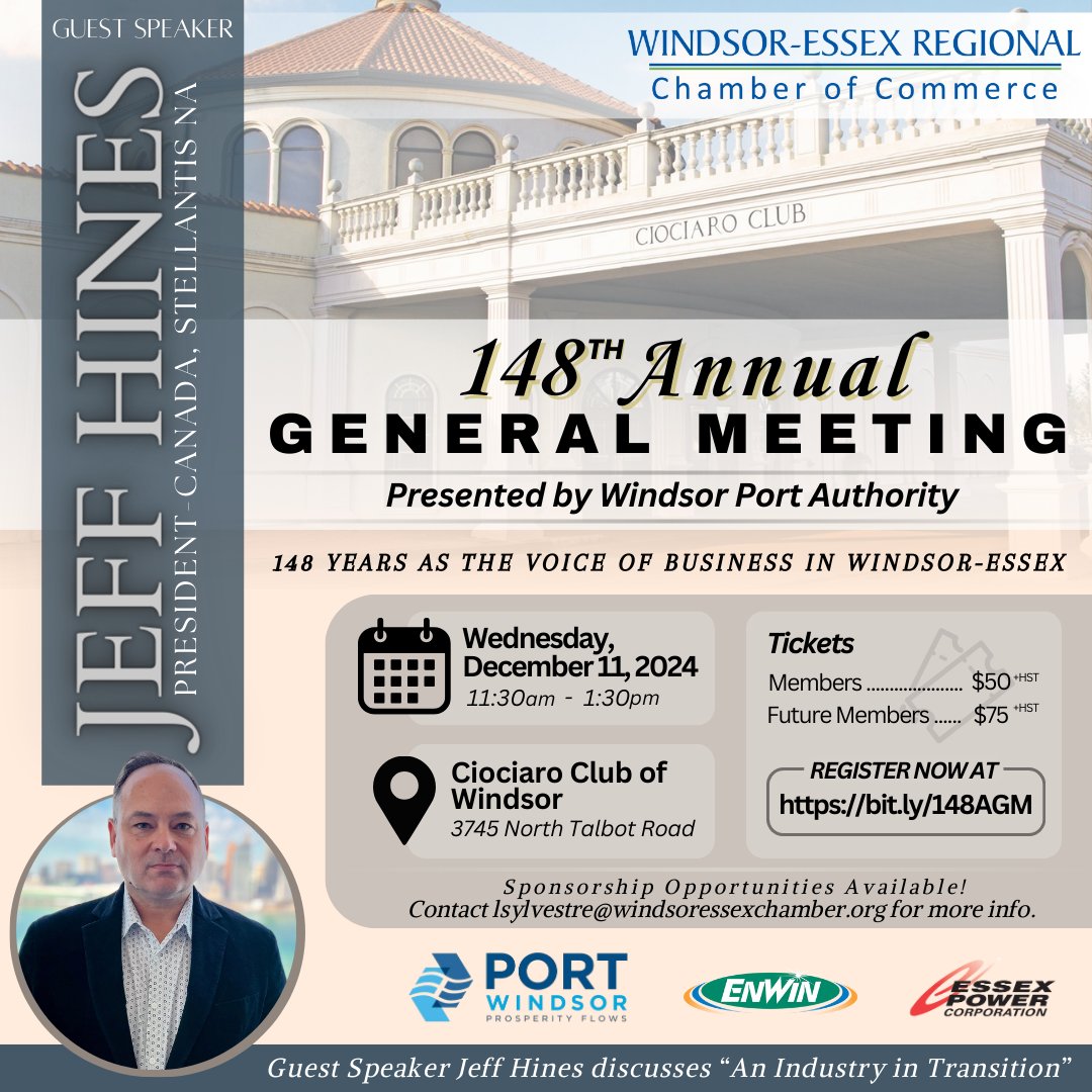 On Dec 11, the <a href="/WERCofC/">Windsor Essex Chamber of Commerce</a> will be hosting its 148th AGM, presented by <a href="/portwindsor/">Port Windsor / Portuaire de Windsor</a>, at the <a href="/CiociaroClub/">Ciociaro Club</a>.

Join us for this celebration, and look forward to a keynote address from Jeff Hines, President - Canada, <a href="/StellantisNA/">Stellantis North America</a>.

Get your tickets now at bit.ly/148AGM