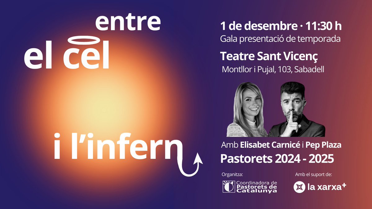 🔥Entre el Cel i l’Infern... els Pastorets!

L’1 de desembre a les 11:30 h al <a href="/TeatreSVicenc/">Teatre Sant Vicenç</a>, presentarem la temporada 2024-2025 amb <a href="/EliCarnice/">Elisabet Carnicé</a> 👼 i <a href="/plaza_pep/">Pep Plaza</a> 😈 en una gala amb moltes sorpreses!

📩 Grups associats, confirmeu assistència a info@pastoretsdecatalunya.cat