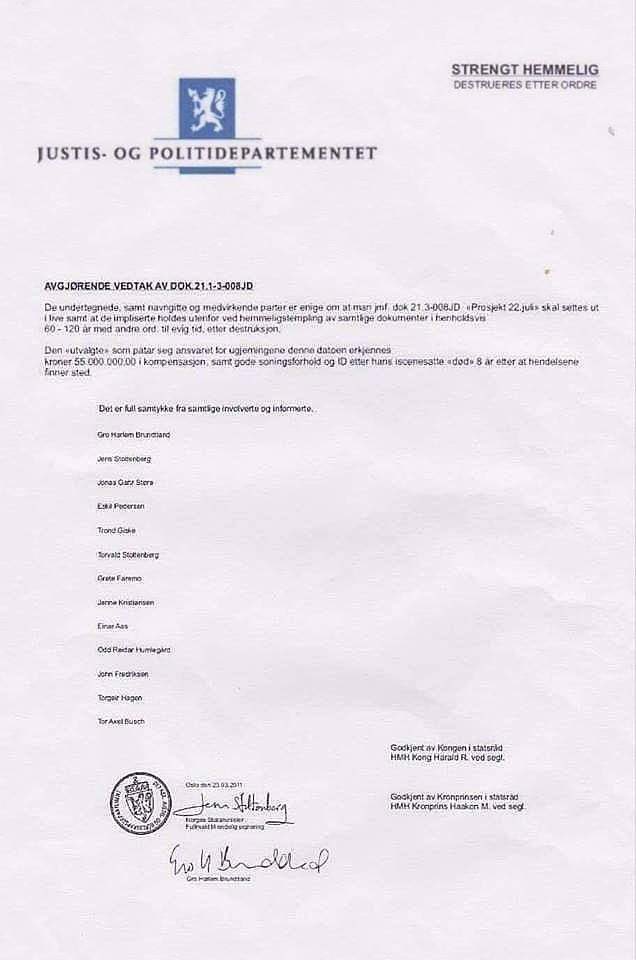 Miamida's tweet photo. 🔥🔥🔥Anders Behring Breivik is probably free as a bird and filthy rich. "Project 22 July" was approved by the Norwegian King and Crown Prince.

🇳🇴🇳🇴🇳🇴 22th July is Norway's 9/11! 

🇺🇸 Read full article in English: https://t.co/9VH93Vbu63
🇳🇴 Les hele artikkelen på norsk: https://t.co/BVDmNyetsp

Got 55 million NOK in payment

This leaked, classified document shows that Anders Behring Breivik probably is free with a new identity, at an unknown address. He probably does not suffer any hardship either, as he received 55 million Norwegian kroner to carry out and take the blame for the 22 July massacre in 2011.

If you reflect logically and rationally, we only have the word of the authorities that he is in prison, ISOLATED. The fact that he is "isolated" means that we have no independent sources that can confirm the authorities' claims that he is in fact imprisoned.

Thread🧵1/10
