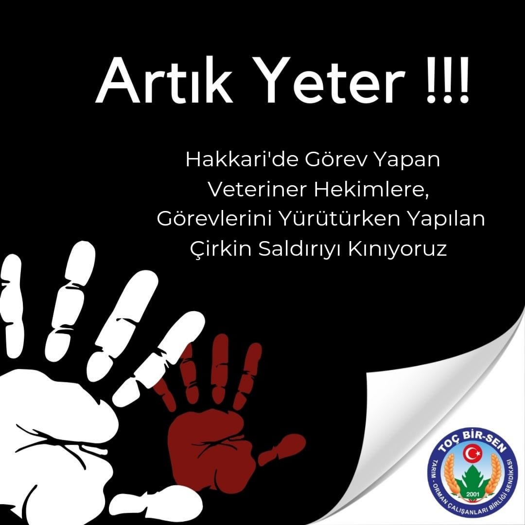 Hakkari'de görev yapan Veteriner Hekimlere, görevlerini yürütürken yapılan çirkin saldırıyı kınıyoruz. 

Veteriner Hekimlerimize acil şifalar diliyor, Tarım-Orman Çalışanlarımıza yönelik, şiddetin önlenmesi için caydırıcı nitelikte bir Şiddet Yasası talebimizi yineliyoruz.