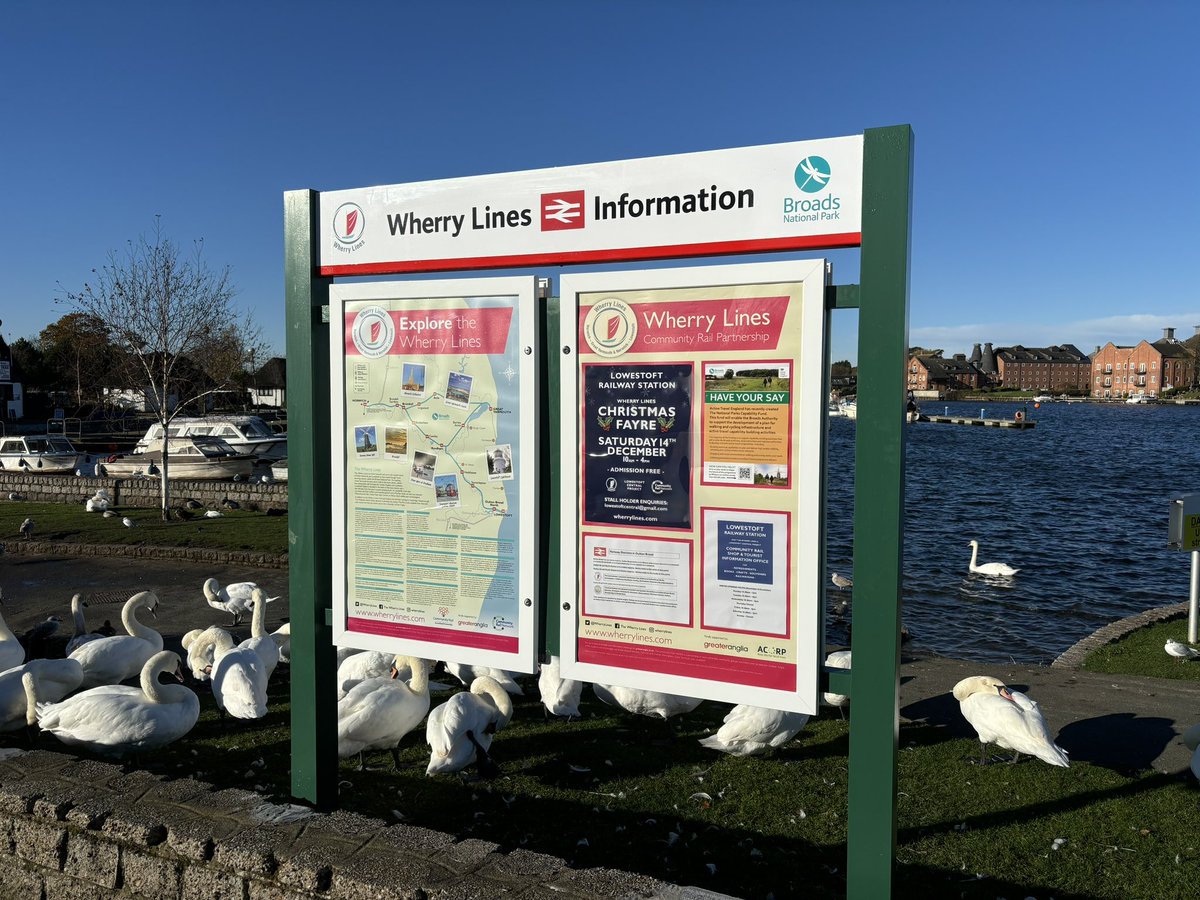 WherryLines's tweet photo. We’ve upgraded the railway poster frames alongside #OultonBroad - the swans seemed quite happy to sit and watch our contractors! A few mins walk from @WherryLines Oulton Broad North station, we’ve also included info on the station &amp; line serving #OultonBroadSouth #CommunityRail https://t.co/9Q85kphA6R