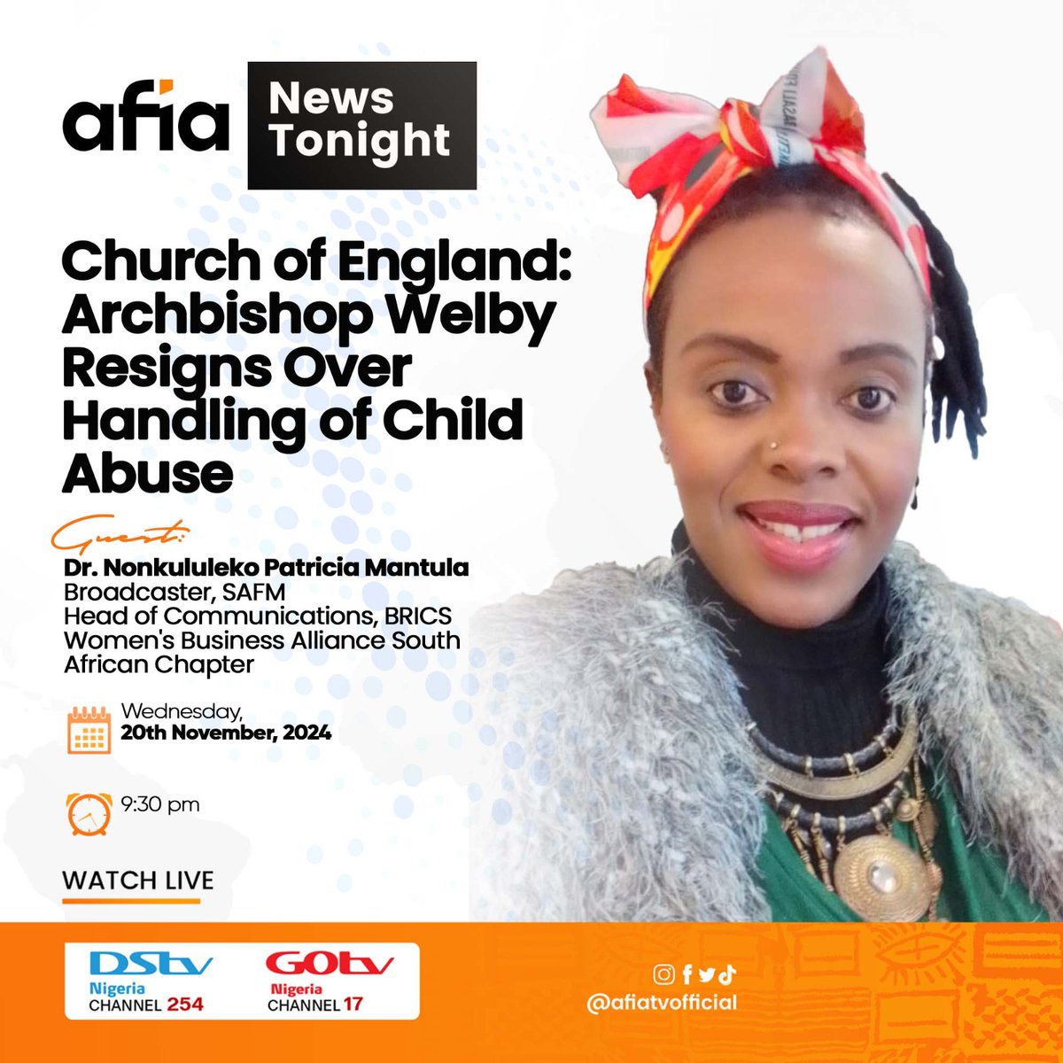 Tune into @afiatvofficial tonight as we engage on the recent revelations of the secrets from the Church of England.
#AfricaMustWakeUp
#dstv 
#gotv