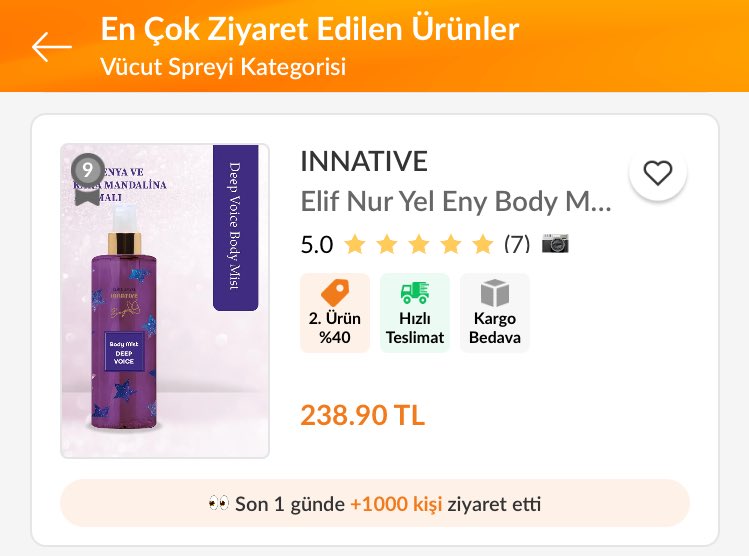 ENY Body Mistlerimiz en çok satanlar ve en çok ziyaret edilenler listesinde.🥳

Elif'i tebrik ediyor ve onunla gurur duyuyoruz.🤍

Bu kokulara sahip olmak istiyorsanız linkten siparişlerinizi verebilirsiniz.🦋

🖇️:ty.gl/uhiiwcicnf4be

|• <a href="/elifnuryeel/">Elif Nur Yel</a> |• #ElifNurYel |•