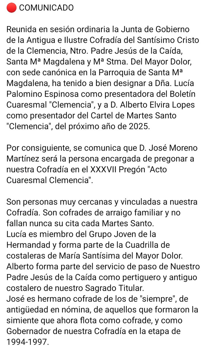JaenClemencia's tweet photo. 🔴 COMUNICADO
Reunida en sesión ordinaria la Junta de Gobierno ha tenido bien designar a los presentadores del Cartel y Boletín "Clemencia" de 2025, como así a la persona encargada de pregonar a la Cofradía en el XXXVII Pregón "Acto Cuaresmal Clemencia".

#LaMagdalena https://t.co/3E5eI5dYUG