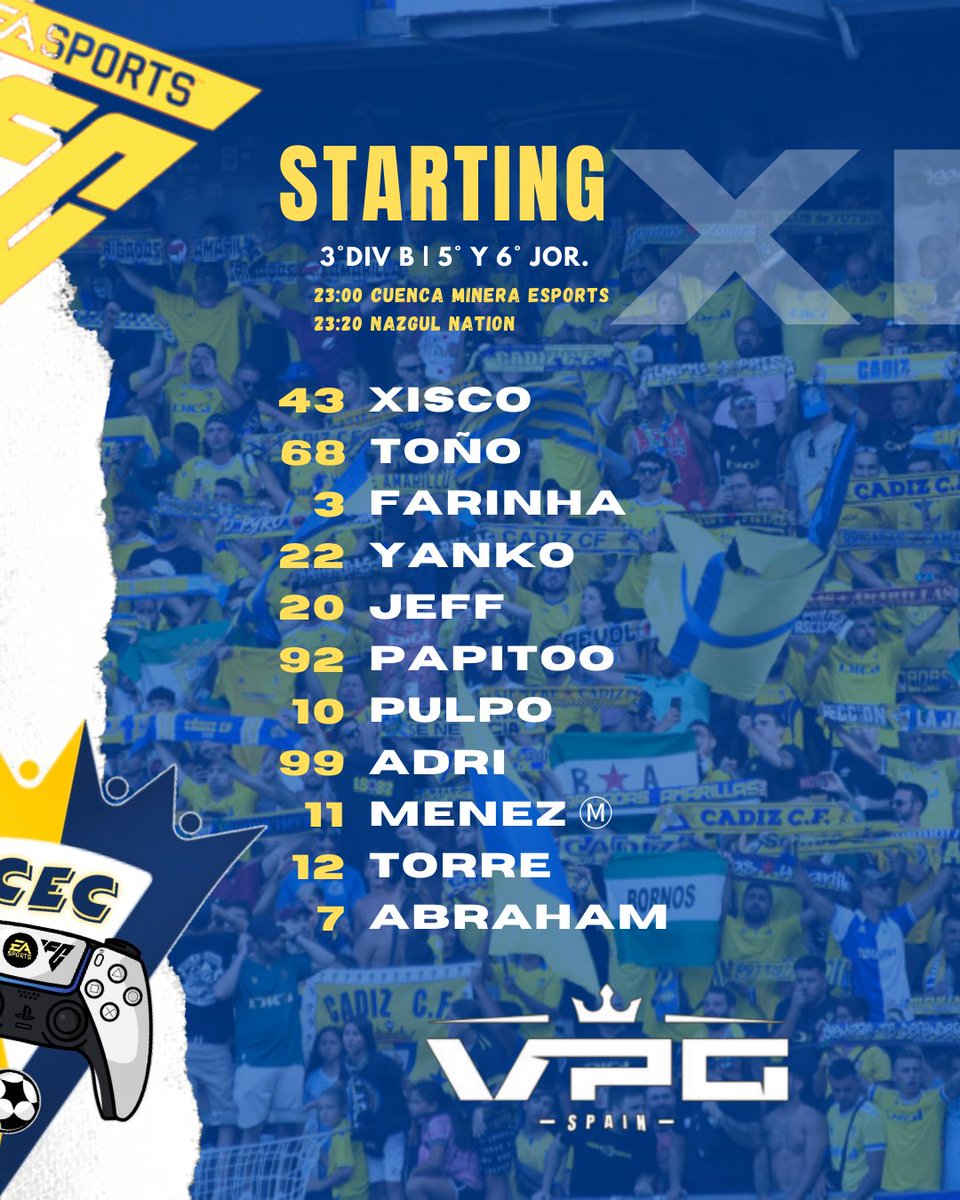 🟡 #CADISTASECLUB 🔵

📋 • STARTING XI • 20/11/24

🏆 <a href="/VPG_Spain/">Virtual Pro Gaming España</a> #EAFC25

#FullYellow 🟡 #ADNCadistas🧬
#AreaMovil📱 #ApoleuJerez🩸