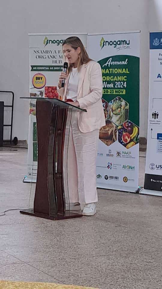 The Ambassador of The Netherlands 🇳🇱 to Uganda at the  National Organic Week opening  that started today  and ends on 23rd November 2024 sharing her remarks and the need  for compliance to standards for food safety.The exhibition is happening at UMA  show grounds.
