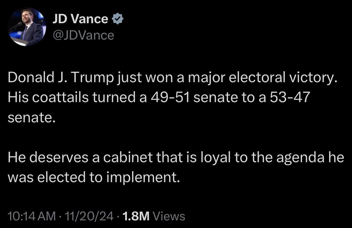 The Founders put ‘advice and consent’ in the Constitution for a reason. They wanted Senators to have oversight over Cabinet picks of a President to ensure that they were properly vetted. Winning an election 49.89%-48.24 doesn’t dispense with that constitutional responsibility.