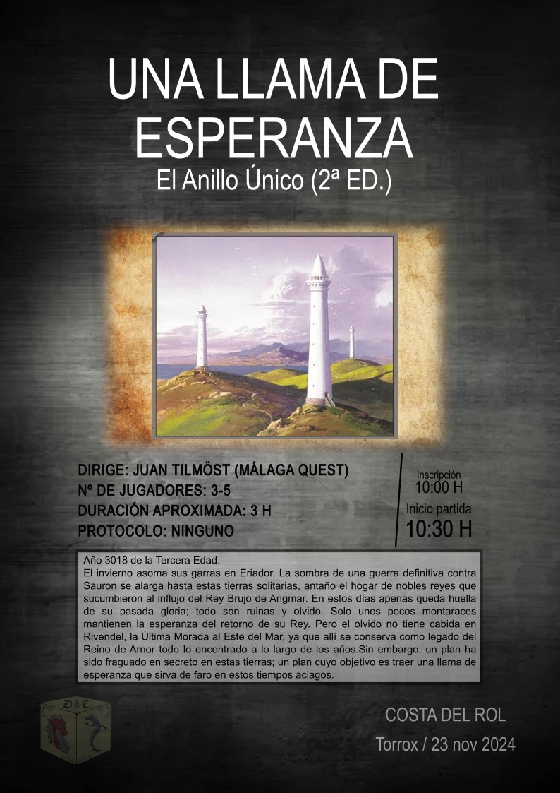 Aquí os dejamos las partidas de la sesión matinal (10:00h). Recordad que la inscripción es por orden de llegada ¡No te quedes fuera! <a href="/MalagaQuest/">MálagaQuest</a> <a href="/ElGremio_e/">El Gremio de los Elementos</a> <a href="/Da2trucados/">Aso. C. Da2 Trucados 🎲</a> <a href="/JaimeTF/">Jaime Torres Fdez</a> <a href="/Talessya1/">PEKIS ROL</a>