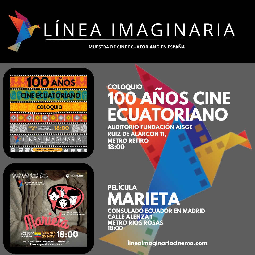 Hemos vuelto! Esta edición tendrá dos jornadas, el 28 de noviembre será un coloquio sobre los 100 años del cine ecuatoriano con cineastas y profesionales del cine ecuatoriano y el 29 con el estreno  del documental MARIETA, un relato coral sobre la vida de las mujeres en Quito.