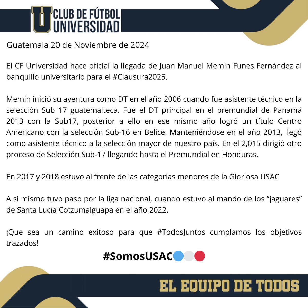 🚨👨‍🎓 | El CF Universidad presenta a Memin Funes como el nuevo director técnico para el siguiente torneo. 

¡Muchos éxitos en esta nueva etapa al mando del equipo estudioso profe memin! 

#SomosUSAC #VamosU🔵⚪️🔴