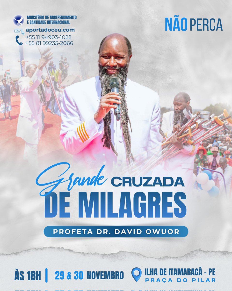 📍O Profeta Dr David Owuor estará no Brasil este mês e dia 29 &amp; 30 na ilha de Itamaracá-PE uma poderosa conferência de milagres vai acontecer!

Não perca!

🔥Será uma grande visitação!
#ProfetaDaChuvaNoBrasil