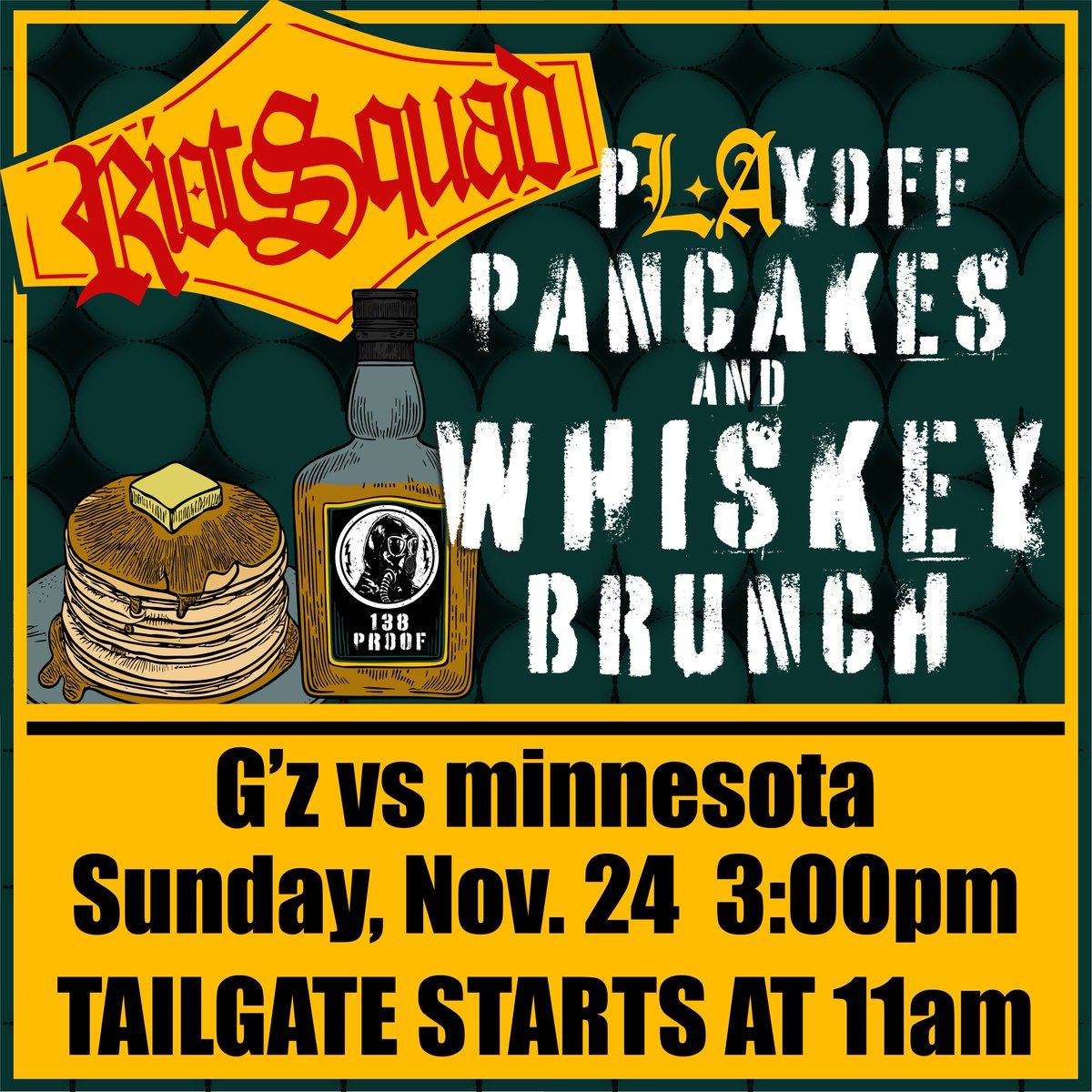 LARiotSquad's tweet photo. The LARS pancakes and whiskey brunch is back this sunday! The Galaxy faces minnesota in the playoffs at 3:00 p.m., arrive early the tailgate starts at 11:00 a.m. with our traditional pancakes and whiskey brunch. It's a one and done match, so don't miss out! https://t.co/h4iK0rosRQ