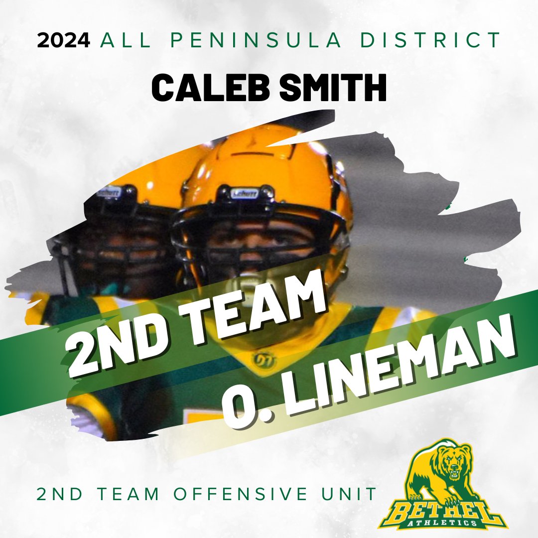 AthleticsBethel's tweet photo. 📣SHOUTOUT TIME📣 
🎉Congratulations @BethelBruinsFB player  
Caleb Smith
All-Peninsula District 2nd Team O. Lineman
🐻🏈🟩🟨
@CalebJSmith55 @BHSOfficialHCS @HamptonCSchools https://t.co/IncFTRtljj