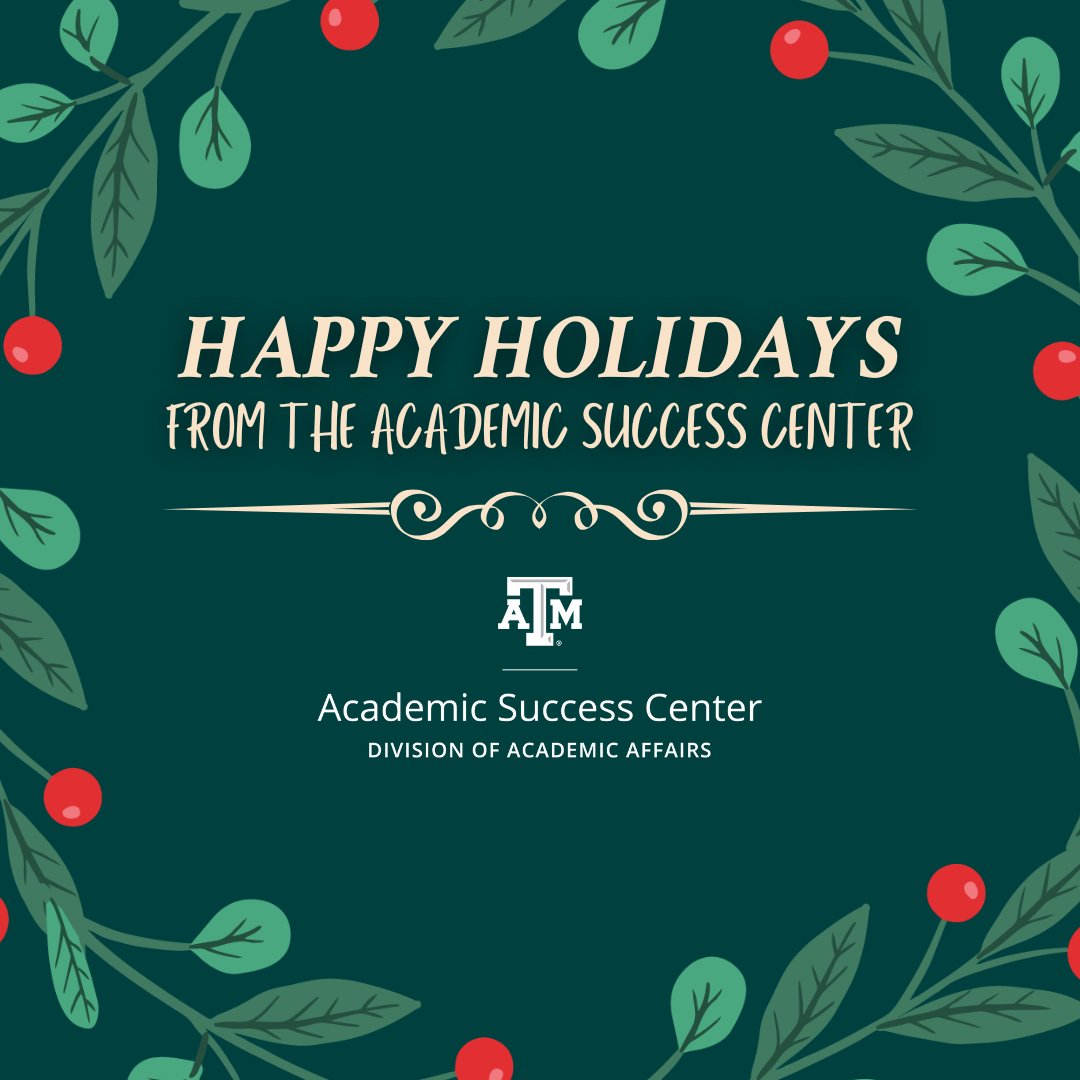 SuccessTAMU's tweet image. The semester is finally over, Ags. The Academic Success Center wishes you a happy holiday break. We'll see you next semester! #SuccessTAMU #TAMU