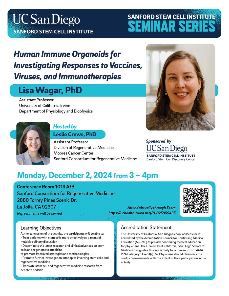 Join us at the Sanford Consortium for Regenerative Medicine in Room 1013 A/B, December 2nd, 2024, from 3pm to 4pm, to hear Dr. Lisa Wagar speak on Human Immune Organoids for Investigating Responses to Vaccines, Viruses, and Immunotherapies!