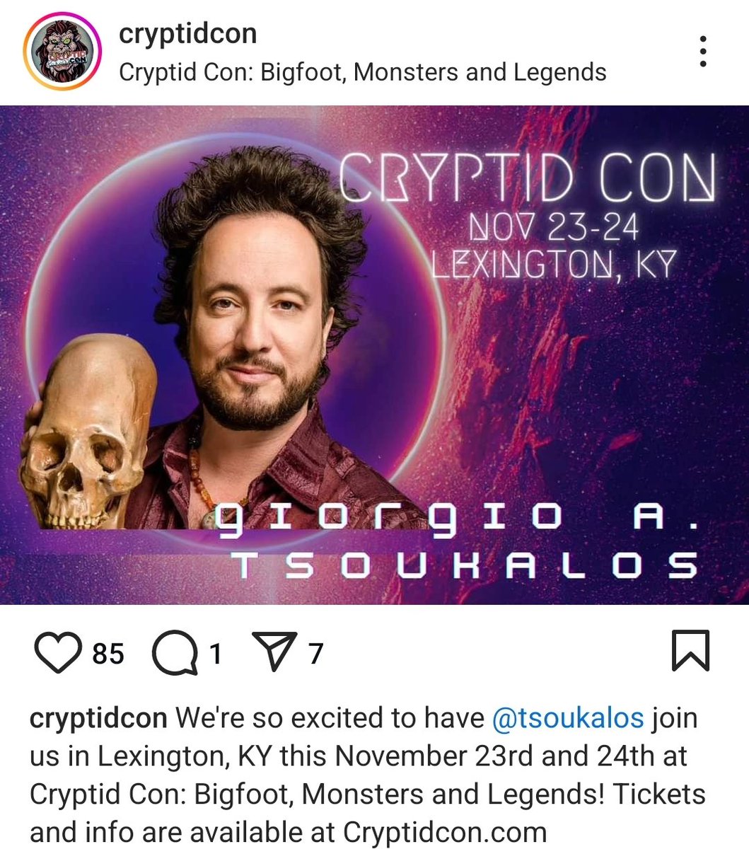 Tsoukalos's tweet photo. Lexington, KY! Can't wait to see you and all my friends this weekend at CryptidCon! See you in a few days! This is bound to be a fun event! #cryptidcon #ancientaliens https://t.co/19LWyX5xxe