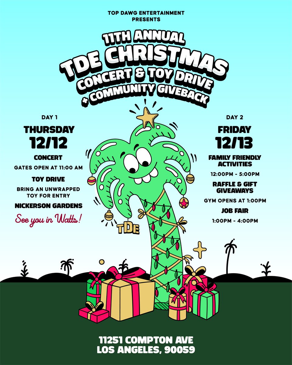 .<a href="/TopDawgEnt/">TOP DAWG ENT</a> celebrates 20 years with its annual TDE Christmas concert &amp; community giveback in Watts, Dec. 12–13

Catch TDE artists + special guests while giving back. Entry = unwrapped toys, clothes, or donations

#tde #TDELoveTheKids #Watts