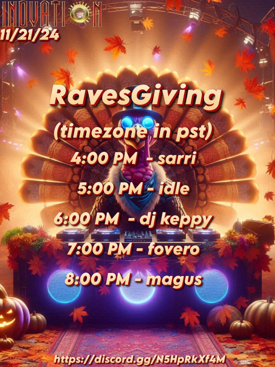 inovationvr's tweet photo. This upcoming Thursday we have our ravesgiving event featuring the return of two inovation ogs + 1 new DJ making their debut. Then on Friday we have our 4 way collab with mainframe &amp; halcyon / cosmic wunderlust #vrchat https://t.co/bJt6JsBlR0