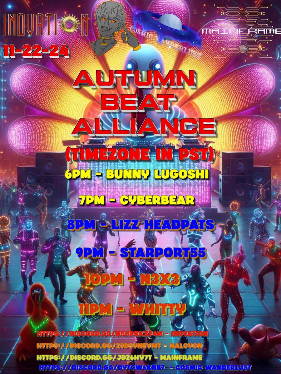 inovationvr's tweet photo. This upcoming Thursday we have our ravesgiving event featuring the return of two inovation ogs + 1 new DJ making their debut. Then on Friday we have our 4 way collab with mainframe &amp; halcyon / cosmic wunderlust #vrchat https://t.co/bJt6JsBlR0