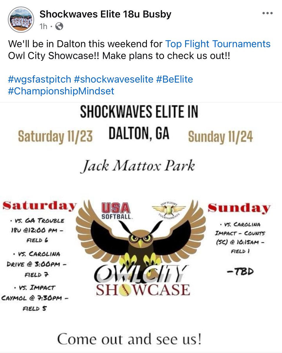I’ll be with my team this weekend in Dalton,Ga at the Owl City Showcase.. 
<a href="/alexaa_chandler/">alexa chandler</a> <a href="/egscsoftball/">East Georgia State College Softball</a> <a href="/Coach_Hatt/">Ally Hattermann</a> <a href="/GSCSoftball/">GSC Softball</a> <a href="/PiedmontSB/">Piedmont Lions Softball</a> <a href="/tmartin1314/">tmartin</a> <a href="/COACHDREWGREER/">Drew Greer</a> <a href="/ABACFillies/">ABAC Softball</a> <a href="/MikeReed_20/">Mike Reed</a> <a href="/RUSoftball22/">Reinhardt Softball</a> <a href="/RUcoachMatt/">Matt Wright</a> <a href="/GCSUBobcats/">GCSU Bobcats</a> <a href="/CoachJ34/">Brittany Johnson</a> <a href="/_GSWSoftball/">GSW Softball</a> <a href="/NickiLevering/">Nicki Levering</a>