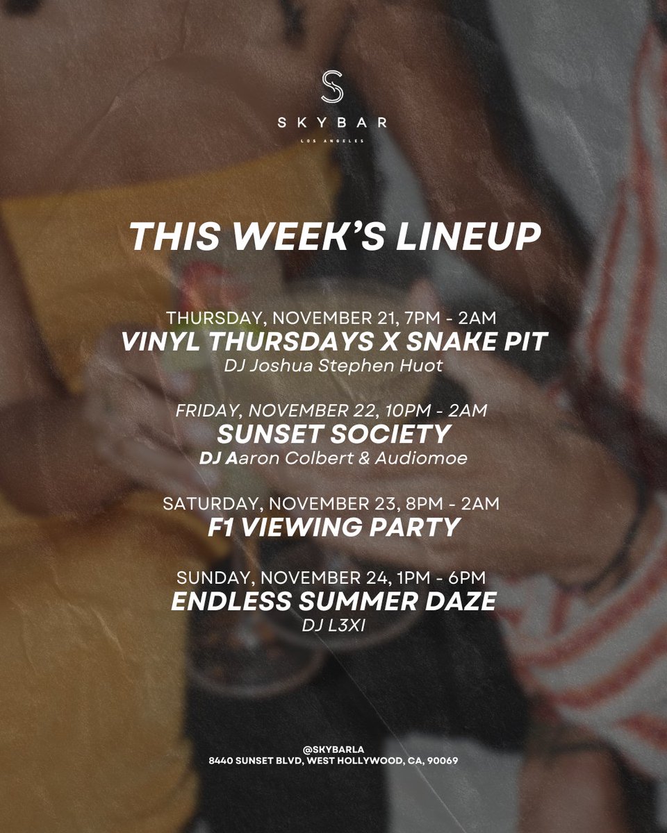 🌟 This Week at Skybar 🌟 From cocktails to tunes, we’ve got your week covered. Check out our events this week and get ready to dance the night away with us!