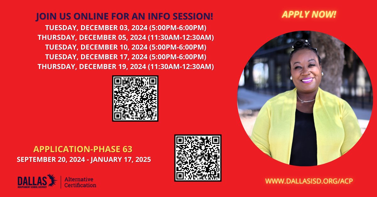 certifydisd's tweet image. Ready for a new career change? Join a live info session to learn more of the Alternative Certification Program.
dallasisd.org
#DallasISD