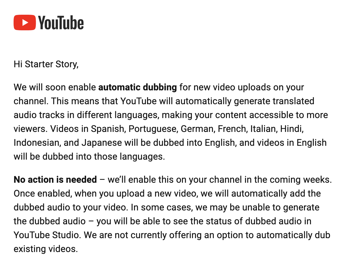 thepatwalls's tweet photo. Wow. YouTube is going to auto-dub our content to 8 different languages spoken by billions. https://t.co/zzVY7nu6sp