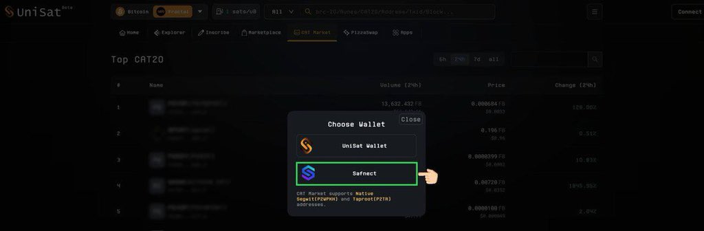 ERC20_News's tweet image. 📣 CAT Market on @UniSat_wallet is now Integrated @Safnect!

🔗 CAT Market on UniSat now supports Safnect Wallet! Safnect Wallet users can now connect to UniSat CAT Market for seamless trading. Safnect Wallet only supports CAT20 assets and does not recognize brc20 or Runes…