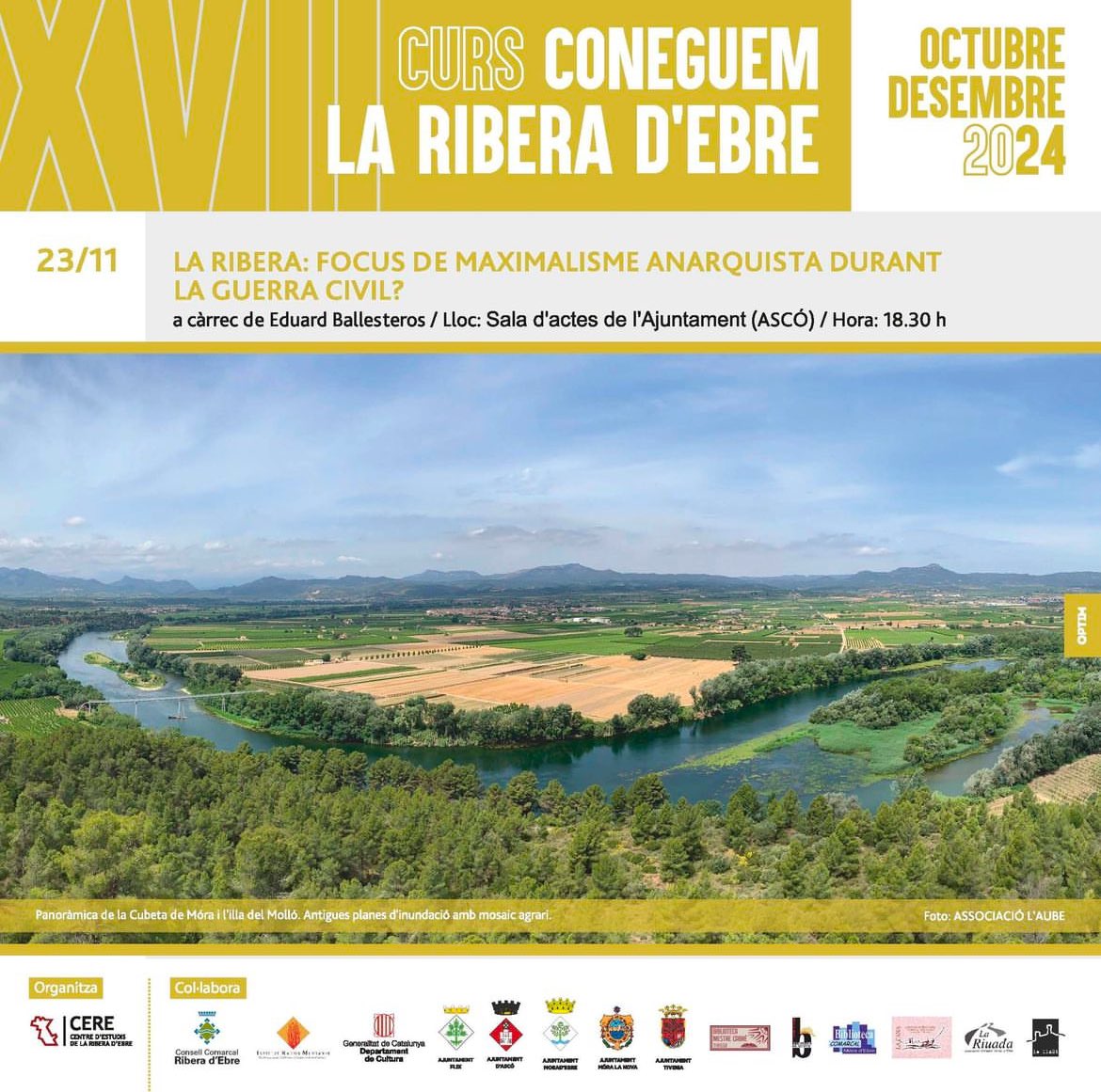 📢 Xerrada: "Coneguem la Ribera d'Ebre: focus de maximalisme anarquista durant la Guerra Civil"

📅 Data: 23 de novembre
🕢 Hora: 18.30 h
📍 Lloc: Sala d'actes de l'Ajuntament d'Ascó

Us hi esperem!