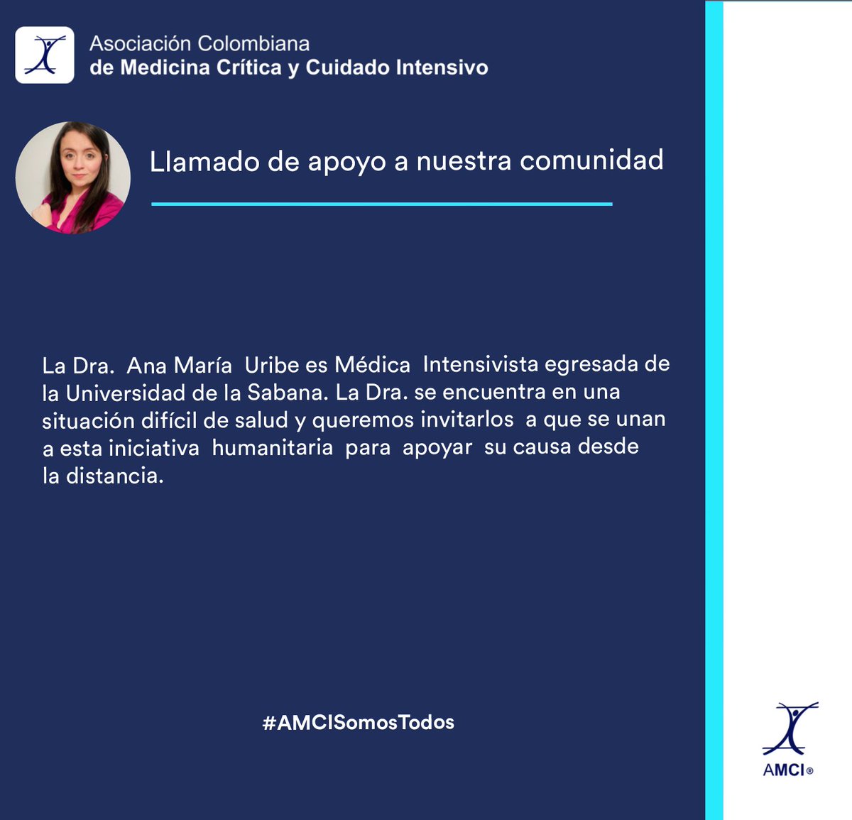 Llamado de apoyo a nuestra #ComunidadAMCI
Conoce su historia y apoya a la Dra. Uribe ingresando a: gofund.me/6081b680