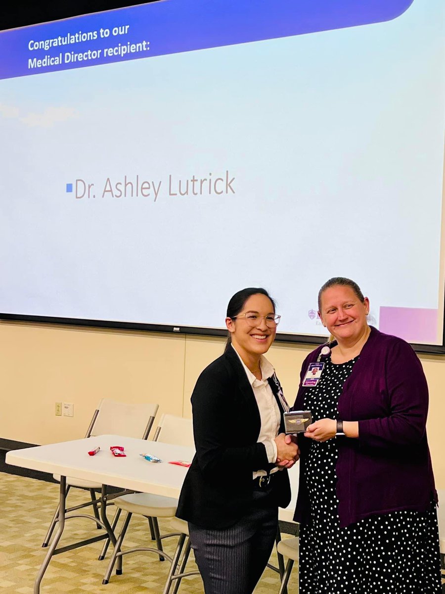 Dr. Lutrick, Associate Medical Director of EastCare, receives her EastCare wings along with the rest of the crew who have to be year of service at EastCare during the All Hands Meeting

#ecuems