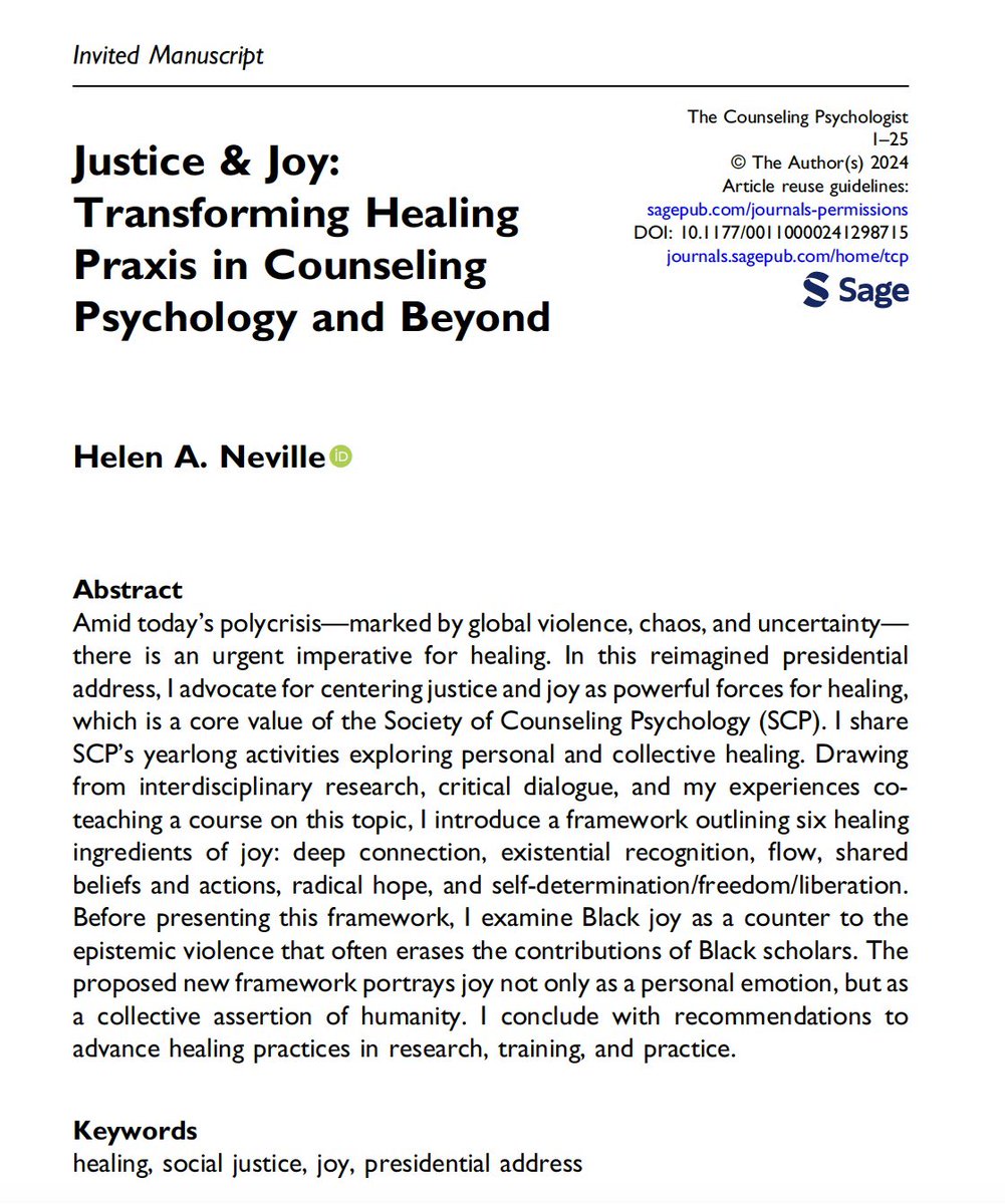 Helen Neville (@helenneville12) on Twitter photo 📣New Pub 📣
Excited about this new pub on #JusticeJoyHealing
I summarize our <a href="/APADivision17/">APA Division 17</a> yearlong initiative & I share thoughts about the healing ingredients of joy and much more 📣New Pub 📣
Excited about this new pub on #JusticeJoyHealing
I summarize our <a href="/APADivision17/">APA Division 17</a> yearlong initiative & I share thoughts about the healing ingredients of joy and much more