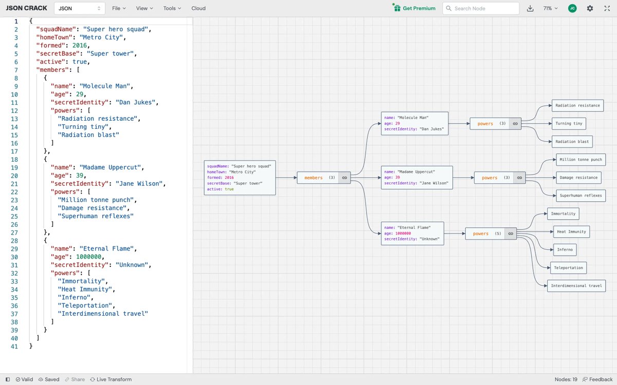 JSON Crack (<a href="/jsoncrack/">JSON Crack</a>): Visualize JSON data from various formats (JSON, YAML, CSV, XML) into interactive graphs.
Easily convert JSON to YAML, XML to JSON, CSV to JSON...
A VSCode extension exists too.

jsoncrack.com