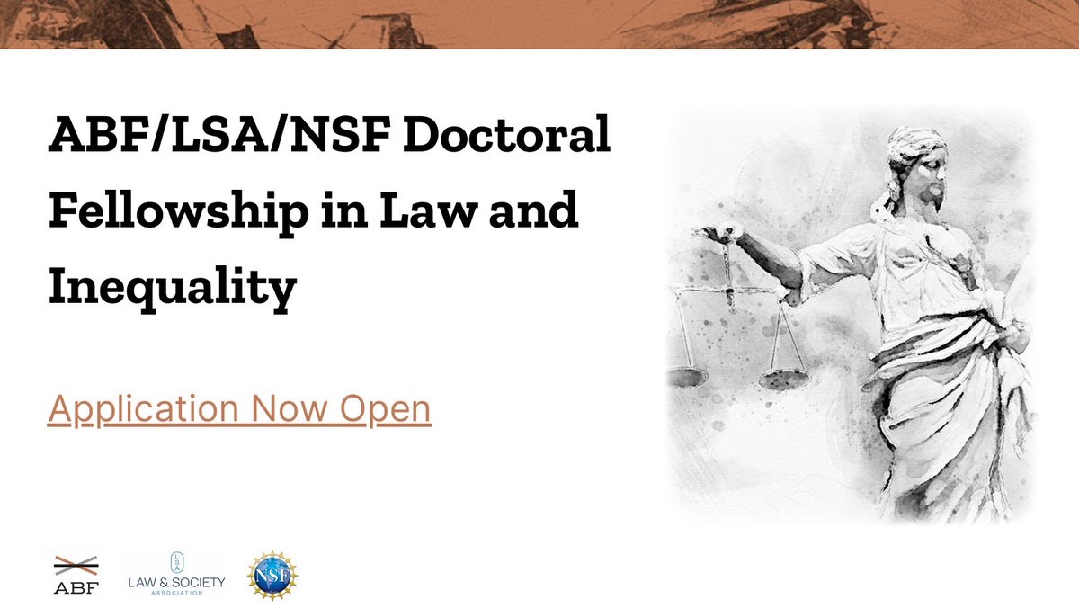 Law and Society (@law_soc) on Twitter photo <a href="/ABFResearch/">American Bar Foundation</a>, in partnership with LSA and <a href="/NSF/">U.S. National Science Foundation</a>, is accepting applications for their Doctoral Fellowship in #Law and #Equality!
Learn more here: bit.ly/DocFellow25
#LawAndSociety #SocialJustice #AccessToJustice <a href="/ABFResearch/">American Bar Foundation</a>, in partnership with LSA and <a href="/NSF/">U.S. National Science Foundation</a>, is accepting applications for their Doctoral Fellowship in #Law and #Equality!
Learn more here: bit.ly/DocFellow25
#LawAndSociety #SocialJustice #AccessToJustice