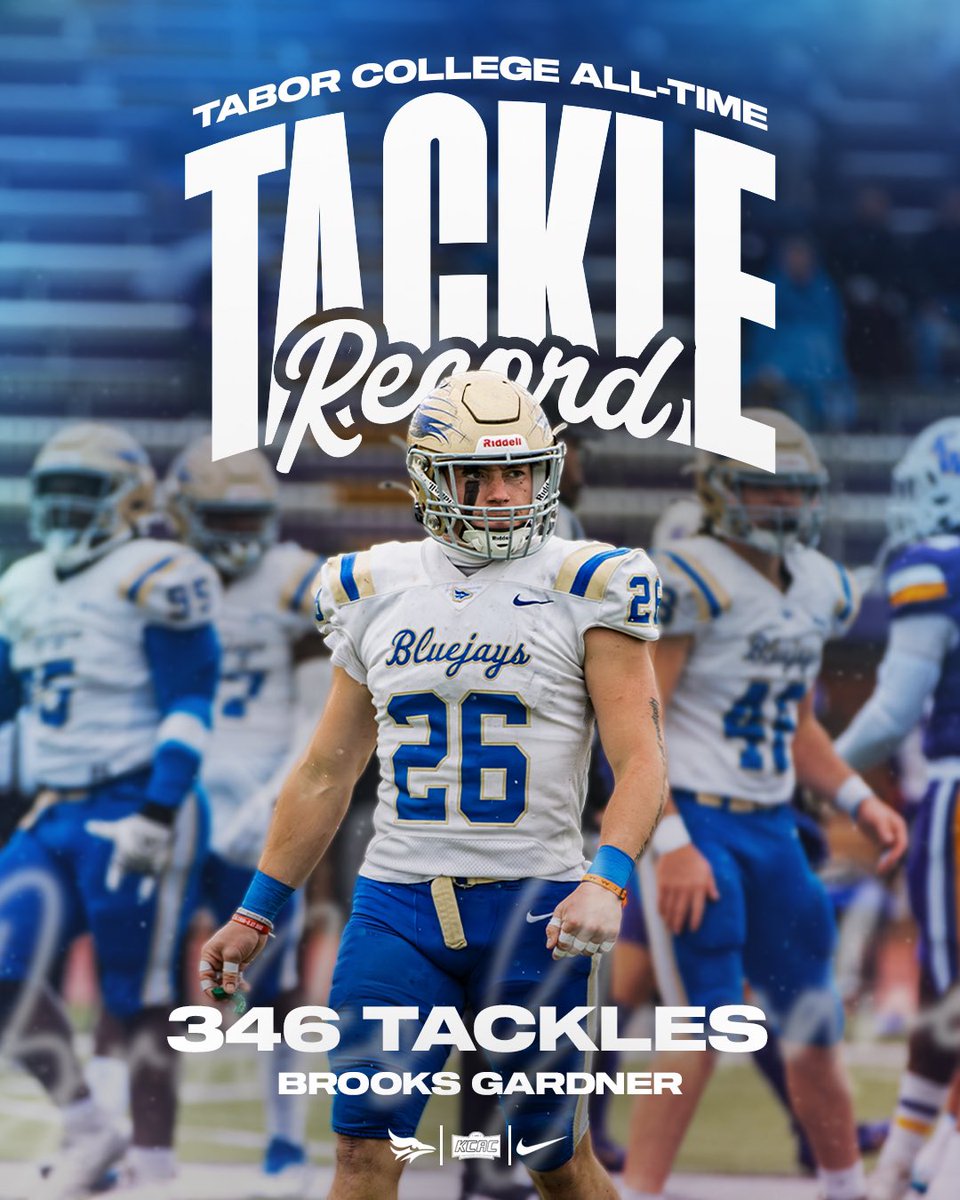 Tabor College Athletics (@gotaborbluejays) on Twitter photo πΌ ππππππππ ππππ. π₯
π½π§π€π€π π¨ πππ§ππ£ππ§ broke the Tabor College all-time tackle record in Saturdayβs win against Ottawa in the Bluejaysβ final game of the season. Gardner ended his college career with 346 tackles. Congratulations, Brooks! πΌ ππππππππ ππππ. π₯
π½π§π€π€π π¨ πππ§ππ£ππ§ broke the Tabor College all-time tackle record in Saturdayβs win against Ottawa in the Bluejaysβ final game of the season. Gardner ended his college career with 346 tackles. Congratulations, Brooks!