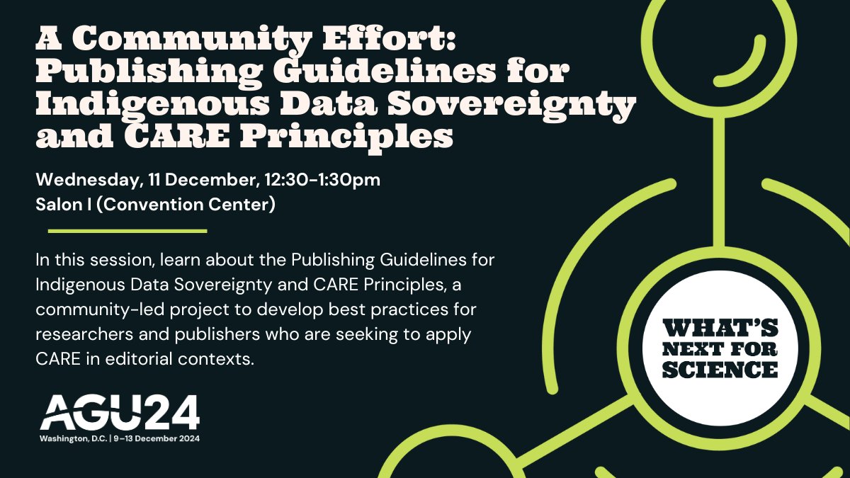 Want to learn more about the CARE principles?

This town hall at #AGU24 will discuss utilizing indigenous data sovereignty principles in the scholarly publishing ecosystem.

🔗agu.confex.com/agu/agu24/meet…

#AGUPubs