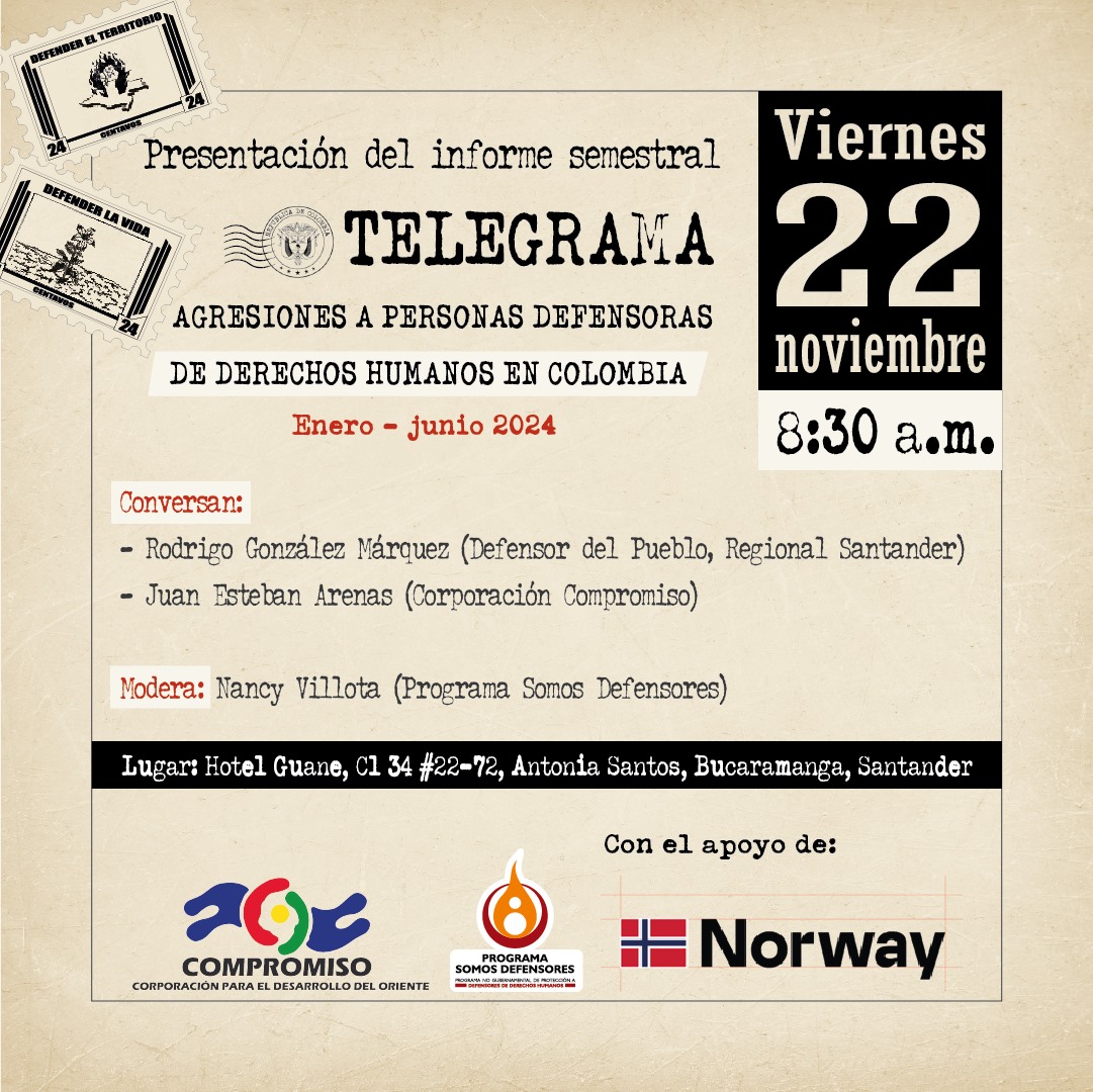 SOMOS DEFENSORES tiene el placer de invitarte a la presentación de su informe semestral en Bucaramanga. Acompáñanos en el Hotel Guane a las 8:30 am para conocer los avances, desafíos y testimonios que marcan la lucha por los derechos humanos en nuestra región.