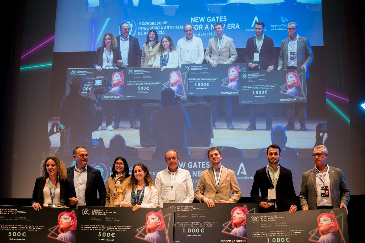🟢 La primera jornada del II Congreso de Inteligencia Artificial de #AndalucIA24 ha concluído con la entrega de los premios a los mejores TFG Y TFM sobre #IA, en colaboración con <a href="/SopraSteria_ES/">Sopra Steria España</a> 

Esta edición de los premios destaca por el gran nivel de los 90 trabajos