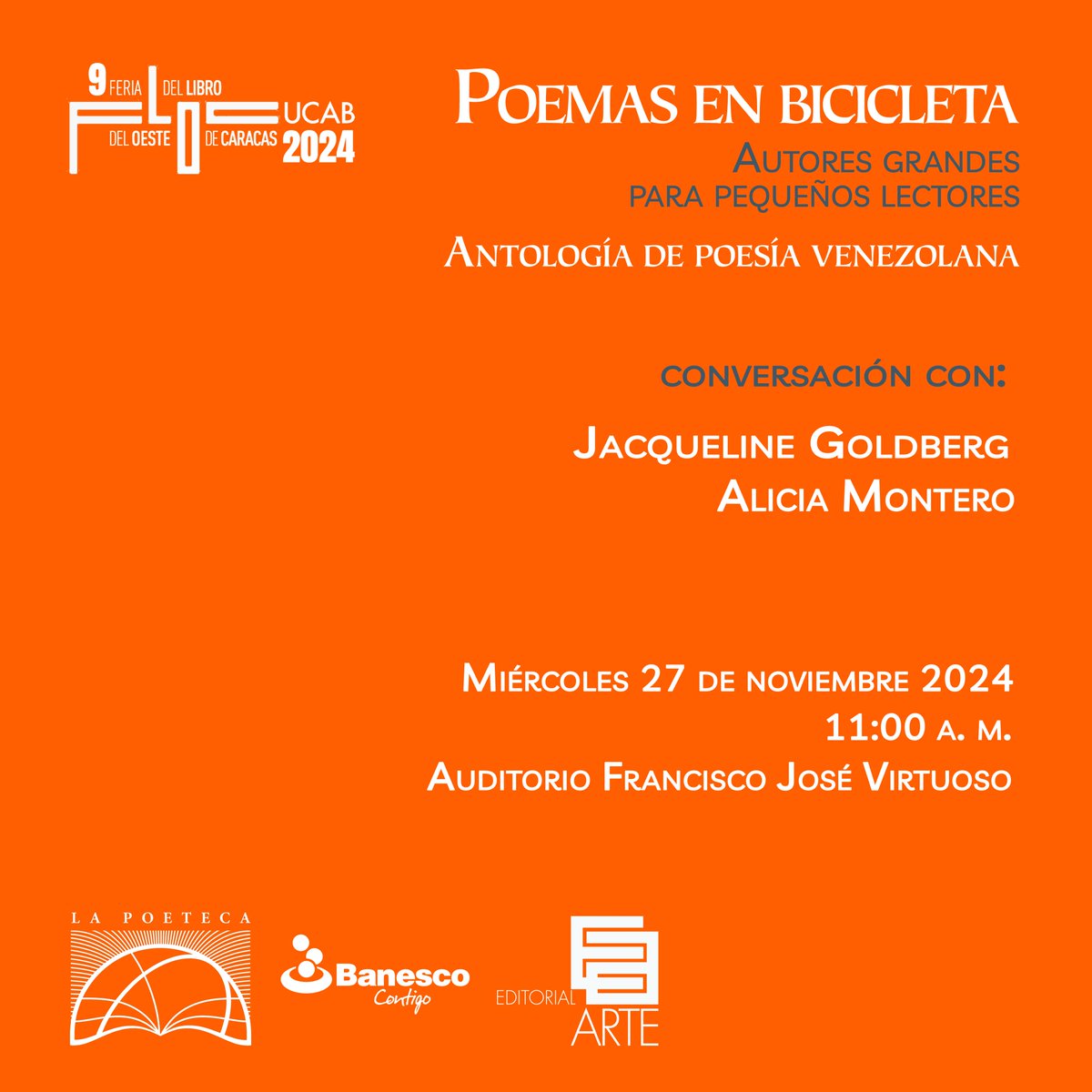 El próximo miércoles #27Noviembre «Poemas en bicicleta» llega a la Feria del Libro del Oeste de Caracas <a href="/enlaucab/">UCAB</a>, allí estarán Jacqueline Goldberg (<a href="/JacGoldberg/">Jacqueline Goldberg</a>) y Alicia Montero (<a href="/monalicia69/">Alicia Montero</a>) para conversar sobre el proceso de compilación y edición del libro.
Hora: 11:00 a. m.