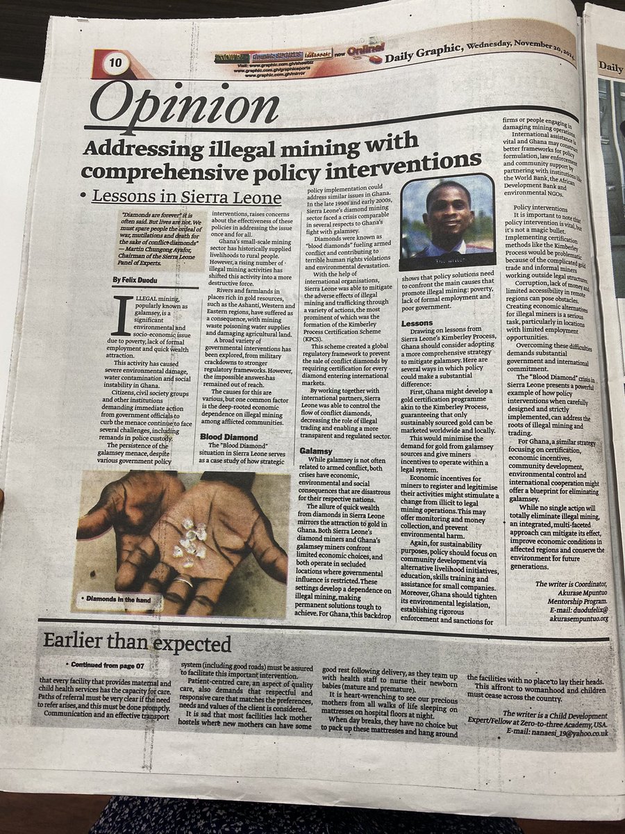 PDadzie03's tweet photo. Today’s edition of Daily Graphic features an article by @Felix_Duodu412, the coordinator of our mentorship program @AkuraseMpuntuo, about the urgent need for a comprehensive policy intervention to address the illegal mining menace once and for all.

https://t.co/OA4xKkkGeF https://t.co/RJ4X4kTjlX