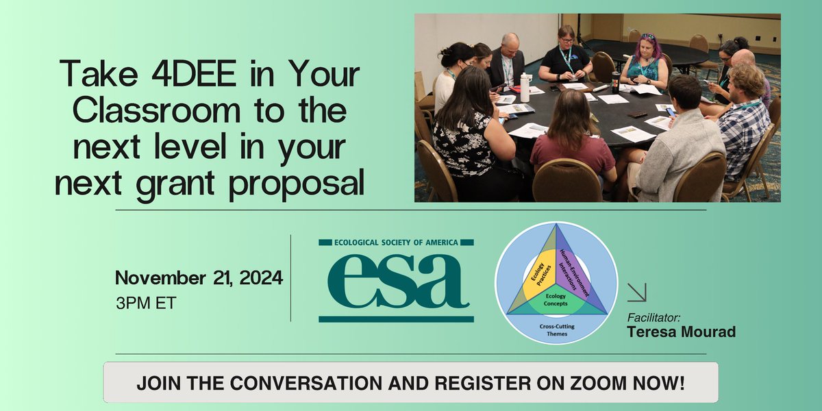 Teresa Mourad (@diversecology) on Twitter photo Have a great #4DEE idea that you'd like to sound out? Thinking about studying impacts of 4DEE on student learning? How can <a href="/ESA_org/">Ecological Society</a> support your proposal? Come share ideas, methodologies and find collaborators who share a common interest.
bit.ly/3Z6OEPn Have a great #4DEE idea that you'd like to sound out? Thinking about studying impacts of 4DEE on student learning? How can <a href="/ESA_org/">Ecological Society</a> support your proposal? Come share ideas, methodologies and find collaborators who share a common interest.
bit.ly/3Z6OEPn