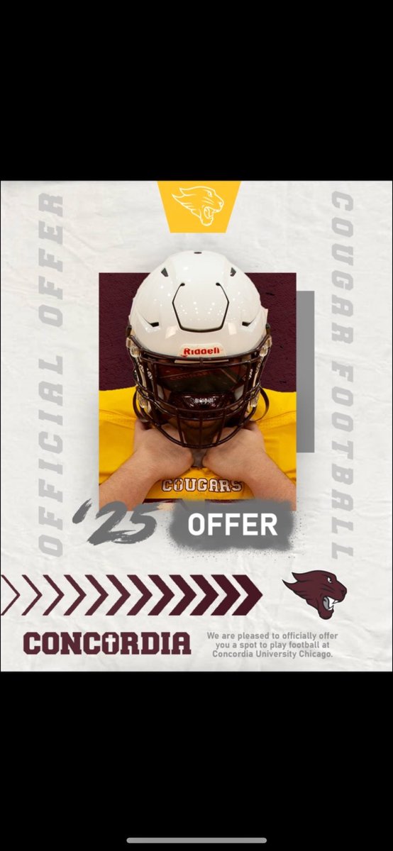 After a great talk with coach @jackson__joyce I am excited to announce that I have been offered to play football and further my academic career at Concordia! I want to thank Coach Joyce and the entire Concordia football coaching staff! Go Cougars!!