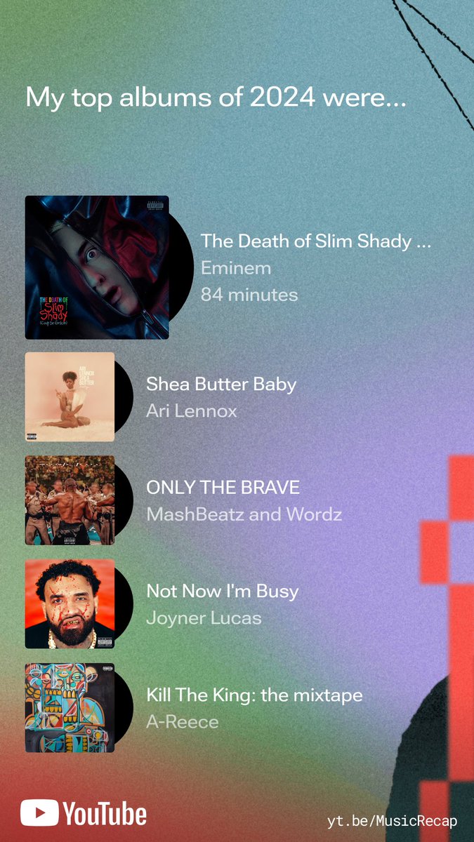 ceeyarnt's tweet photo. Check out my 2024 #YouTubeMusicRecap! Explore yours at https://t.co/vBJZyKlBsH
@Eminem @reece_youngking @MashBeatz_ @JoynerLucas https://t.co/DcItFA5Vsg