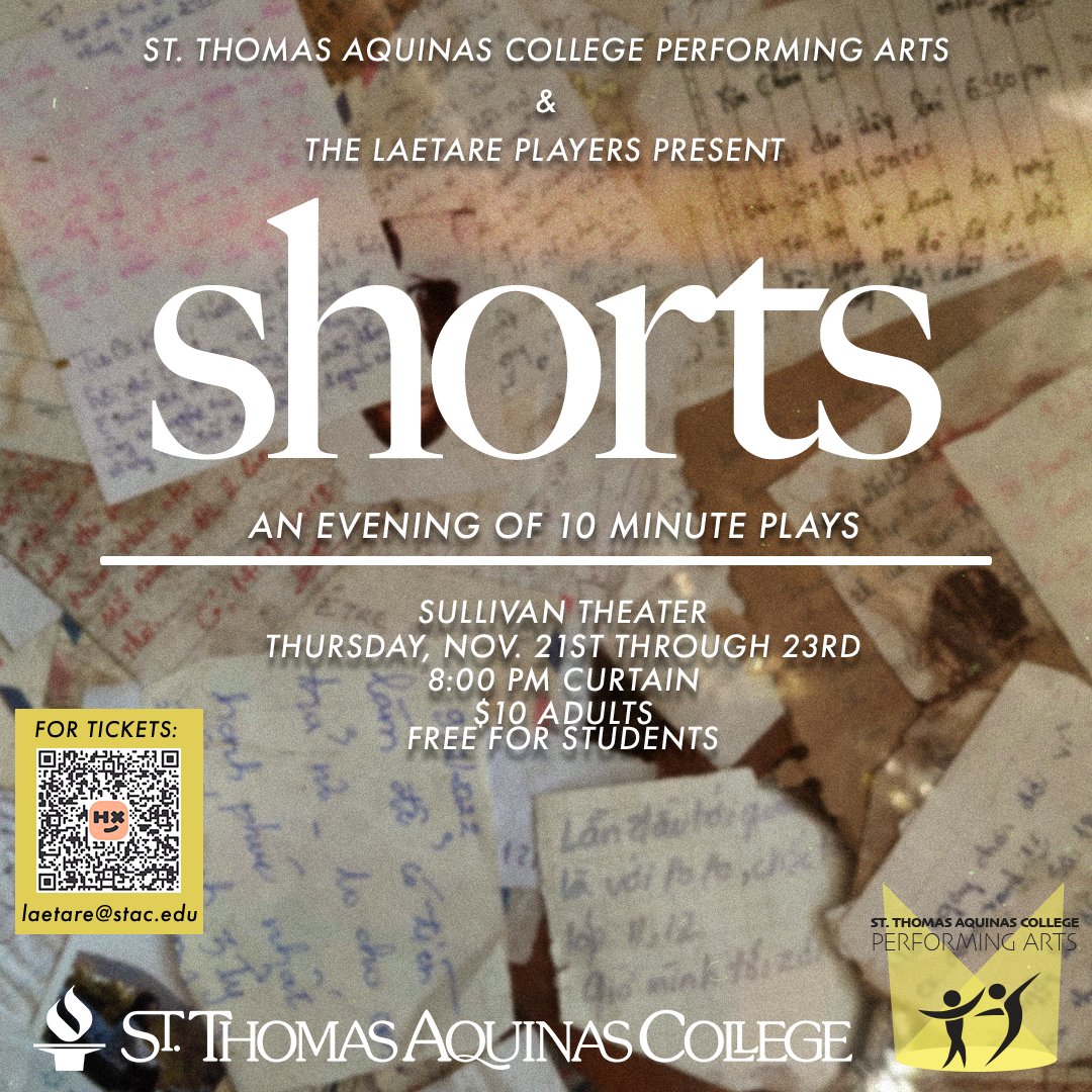 STAC_edu's tweet image. Join us on November 21, 22, and 23 as the Laetare Players present Shorts: An Evening of 10-Minute Plays! This showcase is entirely student-led, offering an exciting chance for students to direct, perform, and design sets. Reserve your tickets at stac.edu/shorts