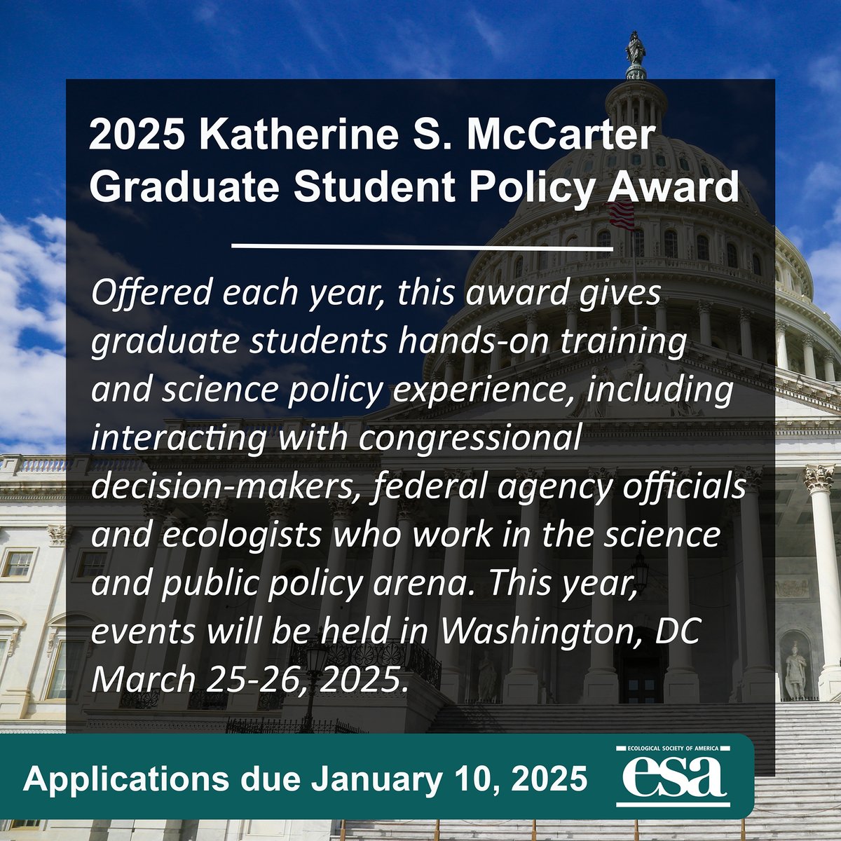 Calling all grad students: Applications for ESA’s Graduate Student Policy Award are now OPEN!

Awardees receive:
💼Science policy training
🏛️Facetime w/ congressional decision-makers
✈️All-expenses-paid trip to DC
Deadline: Jan 10, 2025. Learn more/apply: esa.org/public-policy/…
