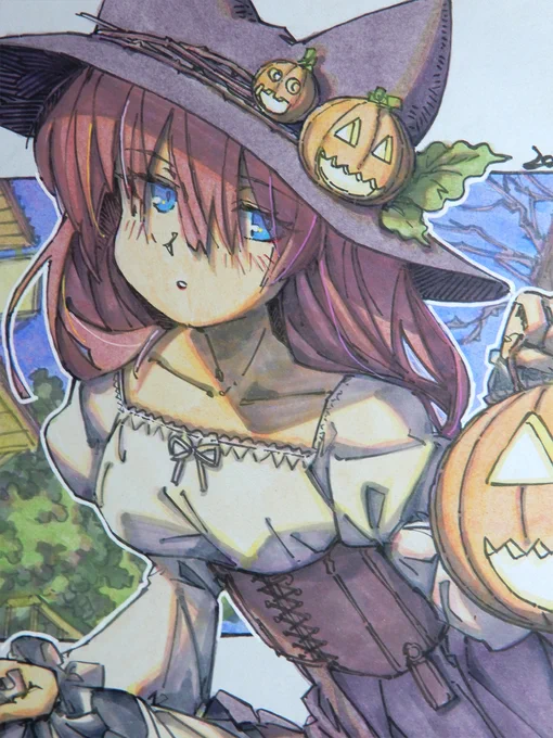 【アナログ2214:オレンジライト】だいぶ時間が過ぎたけどハロウィン。#水彩 #原画 #色紙 #狐娘 #ハロウィン 
