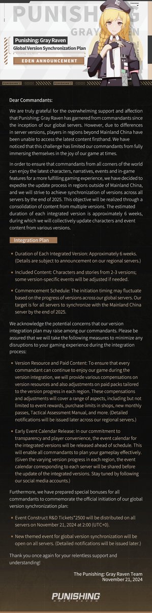 Announcement on Punishing: Gray Raven Global Version Synchronization Plan

Dear Commandants,

We are truly grateful for the overwhelming support and affection that Punishing: Gray Raven has garnered from commandants since the inception of our global servers. However, due to